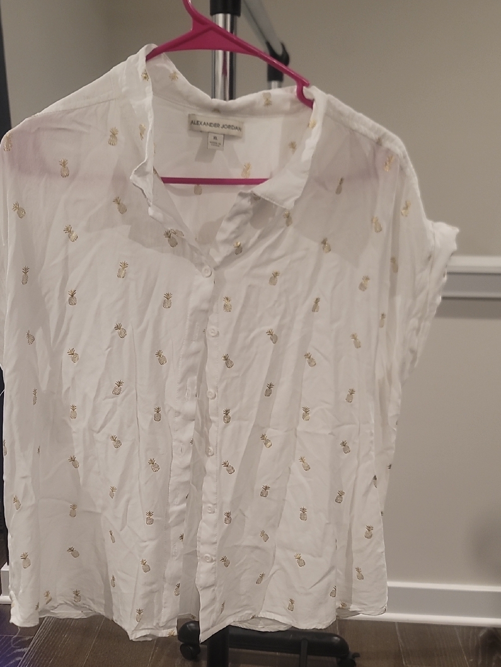 Alexander Jordan White Button-Up Shirt with Gold Pineapple Print